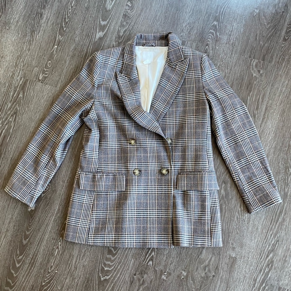 H&M Plaid Double-Breasted Blazer in Brown and Cream